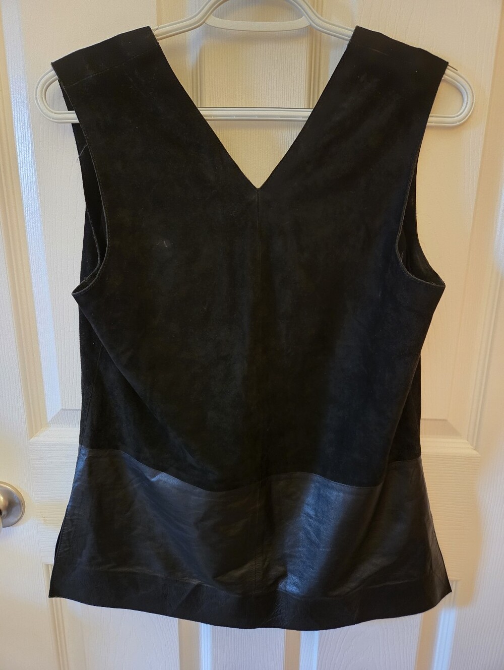 Vince Black Leather & Silk Sleeveless V-Neck Blouse